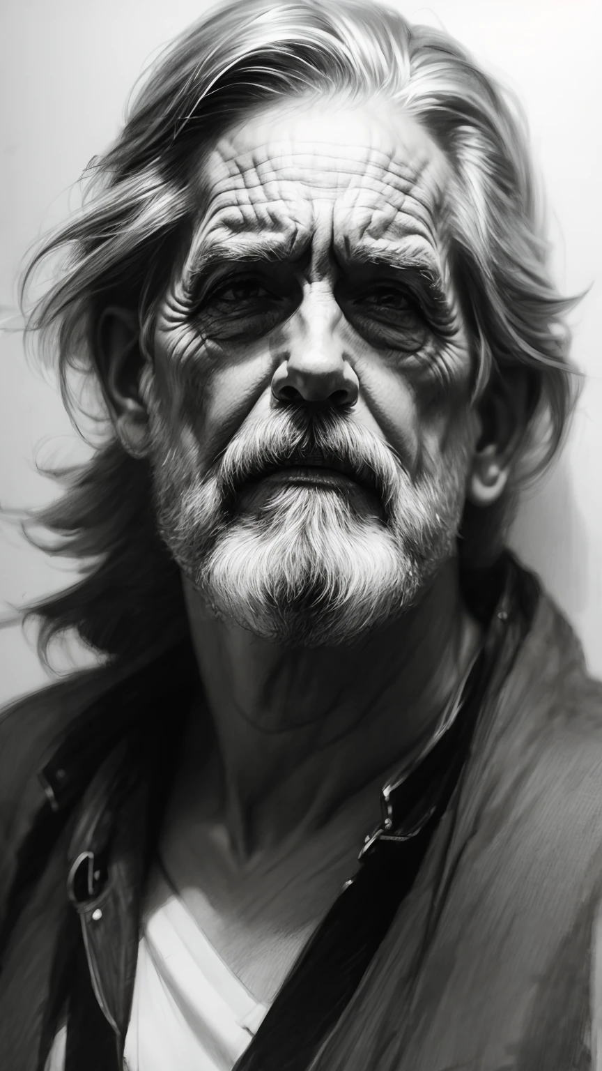 Portrait of a old man, (upper body), long beard, tattered leather clothes, dramatic lighting, (masterpiece, best quality:1.2), grayscale, (pencil drawing:1.2), ((unfinished sketch:1.5))
