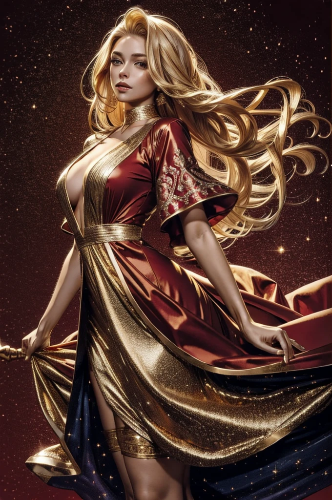 (masterpiece, Best quality, ultra detailed:1.2), 1 girl, perfect curves, (g0ld3mb, gold:1.1), (shimmering galaxy dress:1.1), Long straight blonde hair, braided hair, wrapped in white silk, (red background:1.2), Riding a Crow