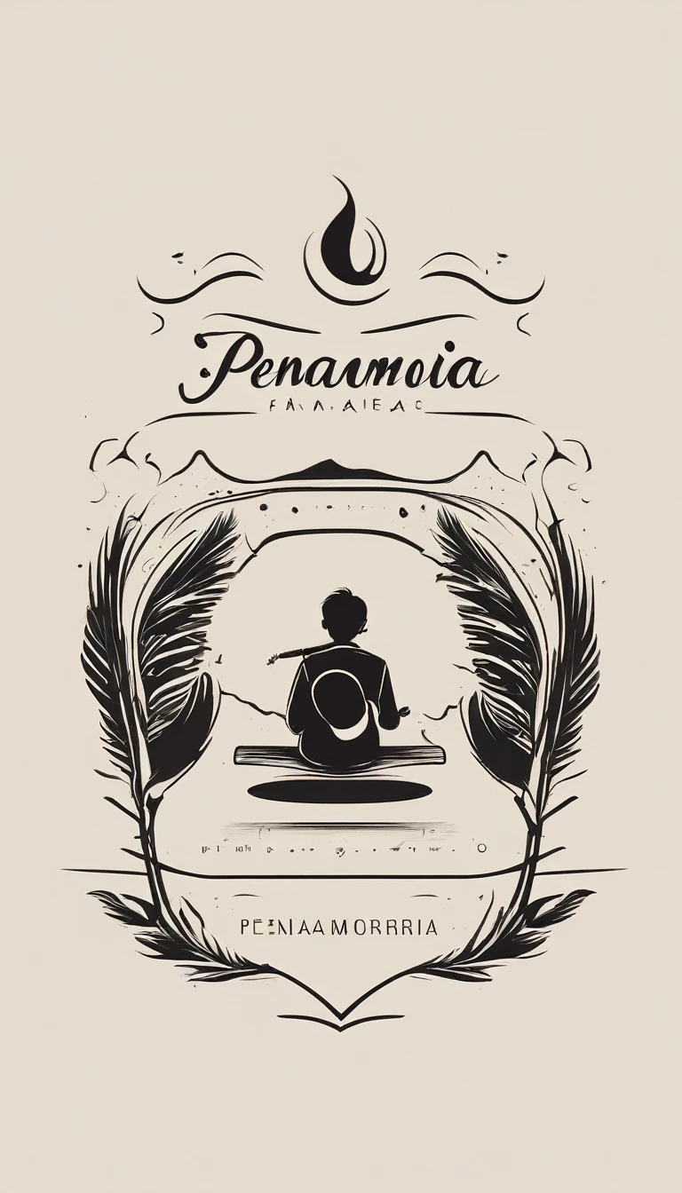 A minimal, modern, simple, cinematic logotype for the brand “Penamemoria". The logo design must be a simple, magical feather and a boy playing acoustic guitar. The logo must convey a sense of music, stories and dreams. Logo design impressed on a book cover. Minimalistic logo