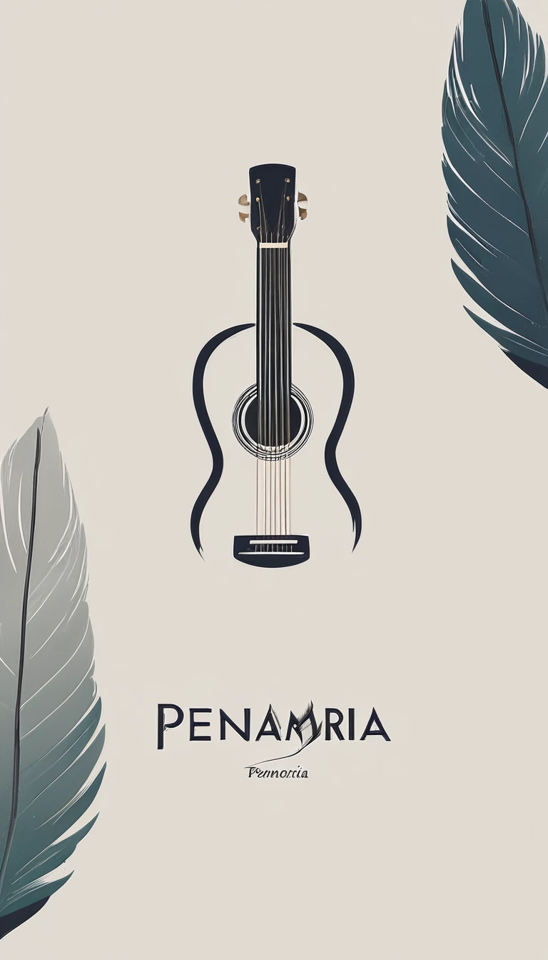 A minimal, modern, simple, cinematic logotype for the brand “Penamemoria". The logo design must be a simple, magical feather and a boy playing acoustic guitar. The logo must convey a sense of music, stories and dreams. Logo design impressed on a book cover. Minimalistic logo