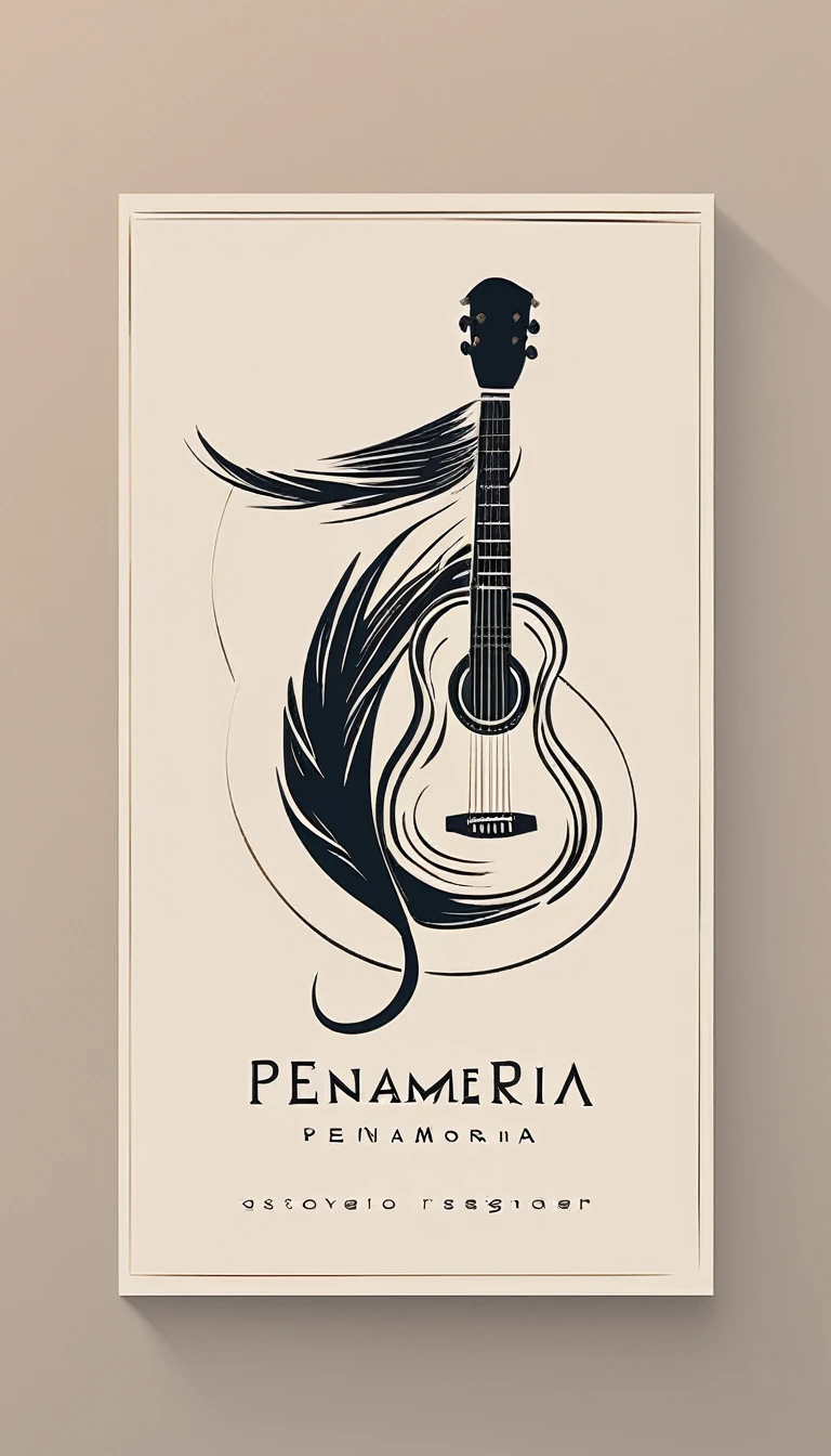 A minimal, modern, simple, cinematic logotype for the brand “Penamemoria". The logo design must be a simple, magical feather and a boy playing acoustic guitar. The logo must convey a sense of music, stories and dreams. Logo design impressed on a book cover. Minimalistic logo