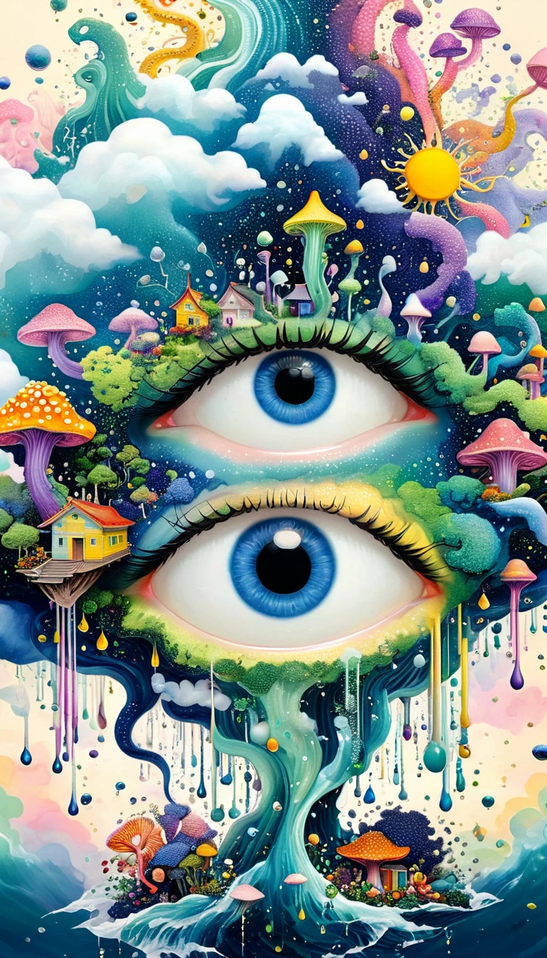 Strong visual fusion of multiple elements,broto,来自star的艺术家,Dopamine color scheme,house、Eye、pearl bead curtain、pearl、star、cloud、Spore powder、Ocean、rain、Tentacles,Describing the inner world of autistic people,Intensive Pointillism method。Smooth lines。interesting,Strange illustration。Pointillism method。Strong contrast。Award-winning works。