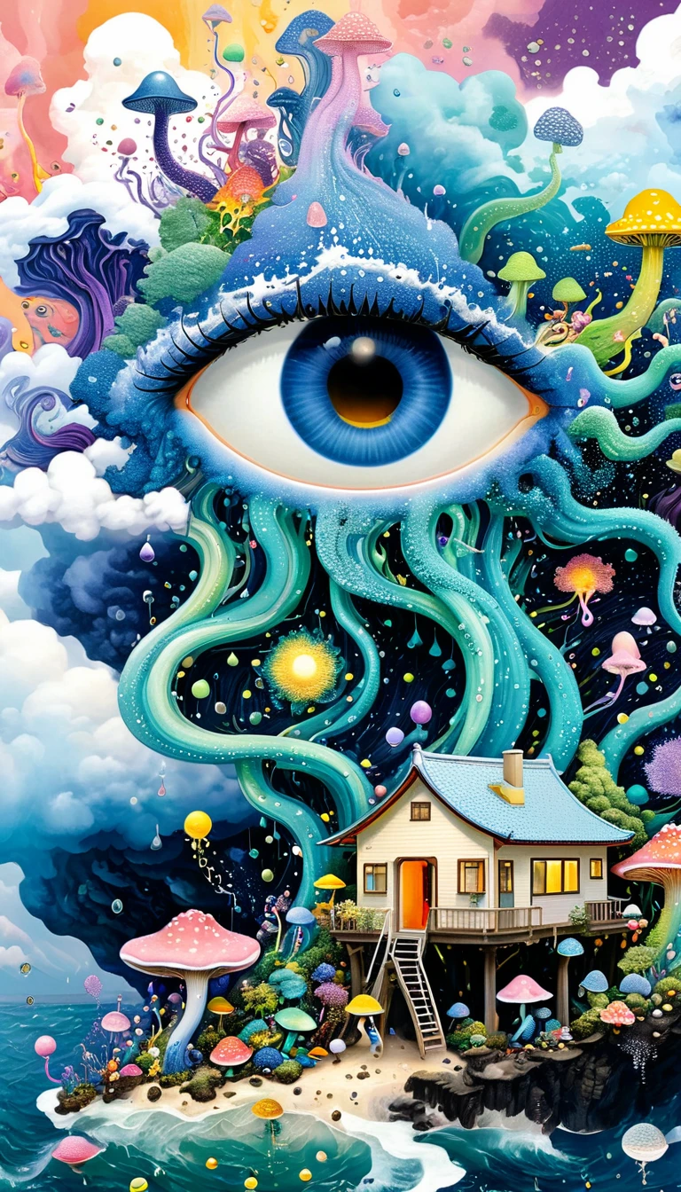 Strong visual fusion of multiple elements,Broto,来自Star的艺术家,Dopamine color scheme,house、Eye、pearl珠帘、pearl、Star、cloud、Spore powder、Ocean、rain、Tentacles,Describing the inner world of autistic people,密集Pointillism method。Smooth lines。interesting,Strange illustration。Pointillism method。Strong contrast。Award-winning works。