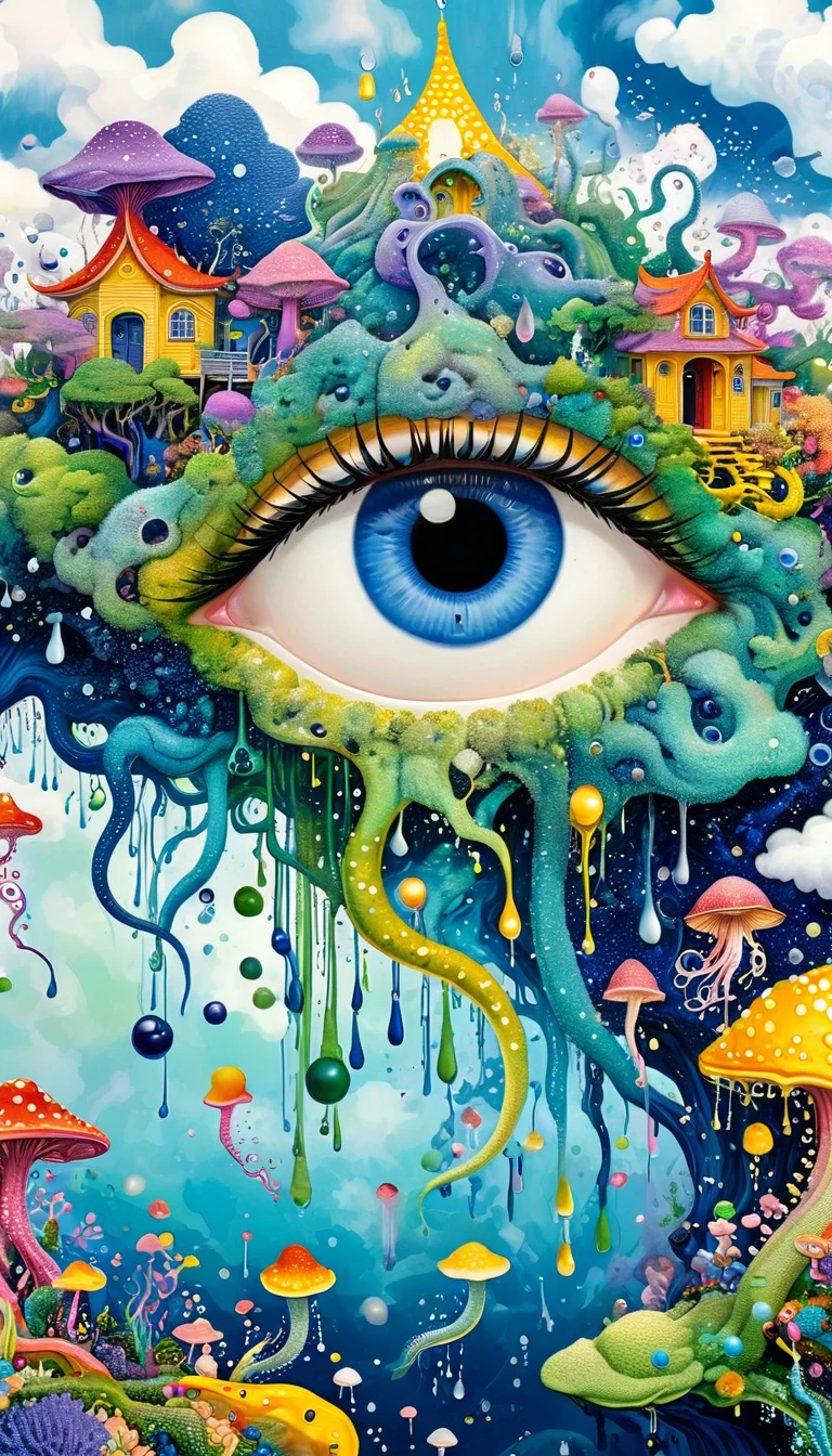 Strong visual fusion of multiple elements,Broto,来自Star的艺术家,Dopamine color scheme,house、Eye、pearl珠帘、pearl、Star、cloud、Spore powder、Ocean、rain、Tentacles,Describing the inner world of autistic people,密集Pointillism method。Smooth lines。interesting,Strange illustration。Pointillism method。Strong contrast。Award-winning works。