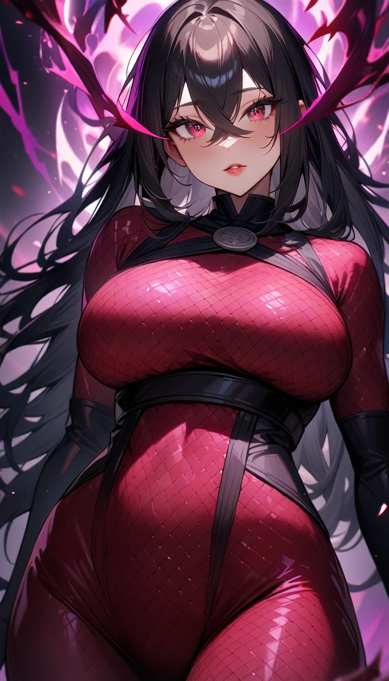 1girl,solo,super detailed skin,shiny skin,natural face,black hair,long hair,crossed bangs,deep detailed eyes,eyelashes,lips gloss ,large breasts,body suit,Shinobi clothes,fishnet,standing ,simple background ,under view ,dark magic,masterpiece,best quality,ultra detailed,high resolution,sharp focus