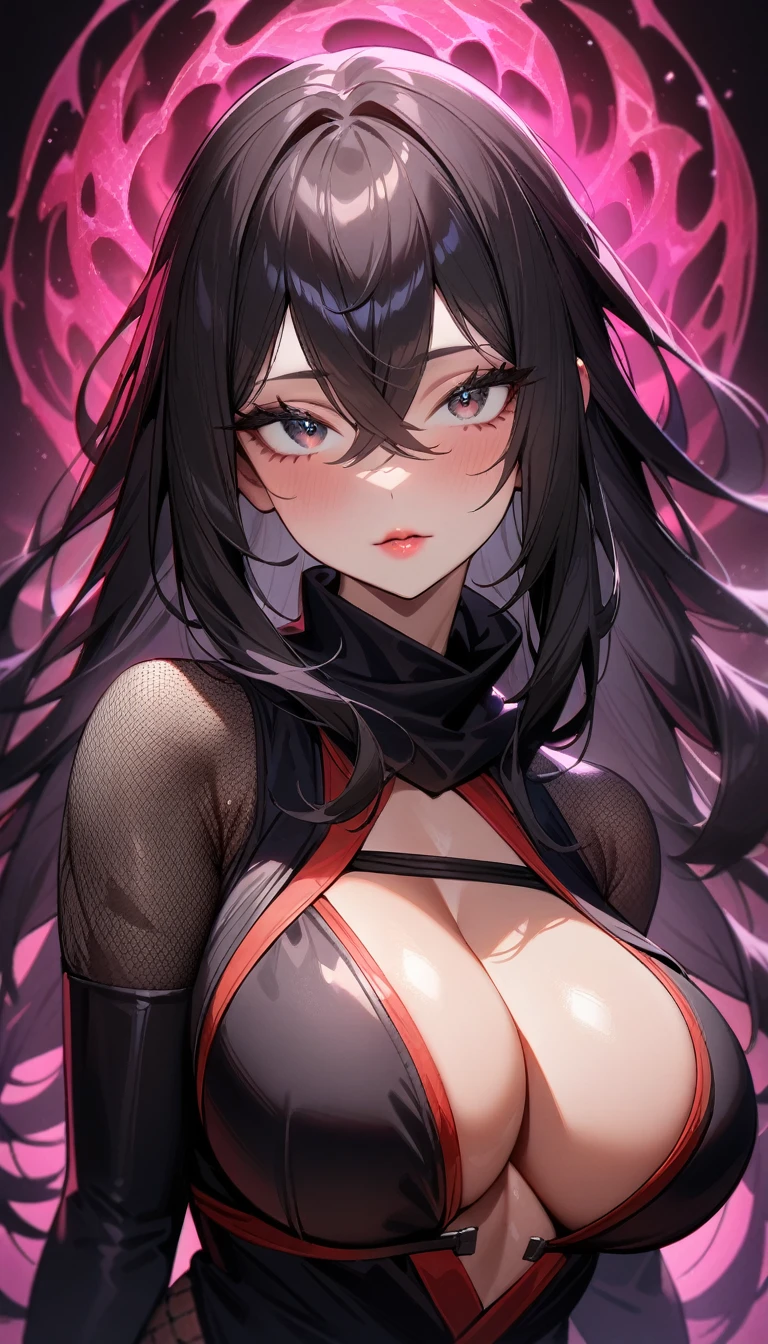 1girl,solo,super detailed skin,shiny skin,natural face,black hair,long hair,crossed bangs,deep detailed eyes,eyelashes,lips gloss ,large breasts,body suit,Shinobi clothes,fishnet,standing ,simple background ,under view ,dark magic,masterpiece,best quality,ultra detailed,high resolution,sharp focus