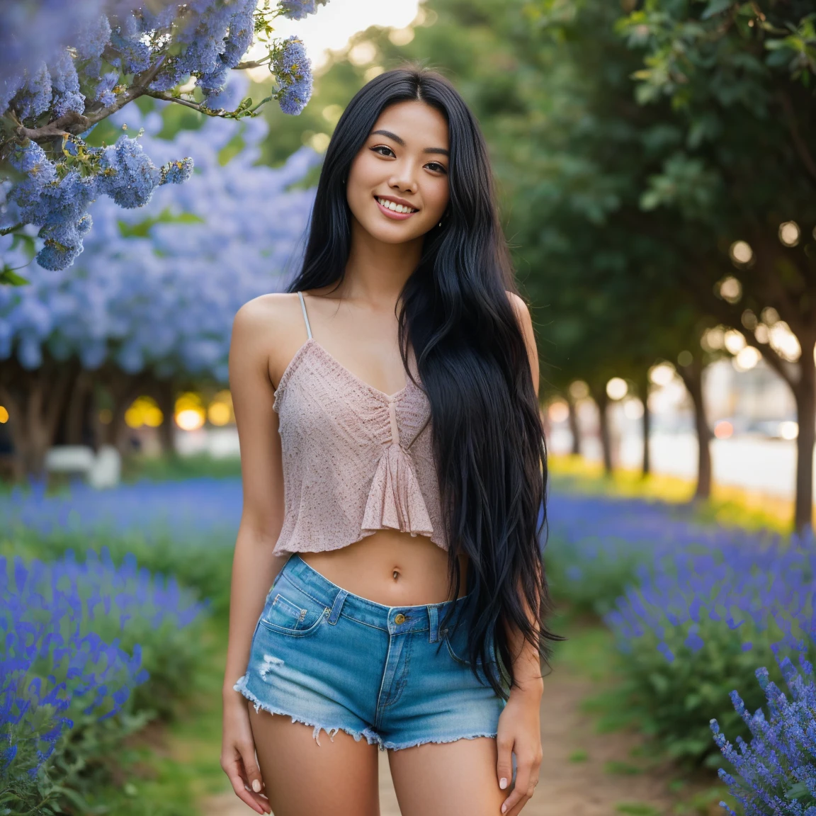 arafed woman with black hair standing in a field of blue flowers, flowing blackv hair, with black hair, photo of a beautiful woman, long flowing black hair, pink golden hour, curly black hair, beautiful young asian woman, beautiful asian woman, wild ginger hair, pink wispy hair, light pink hair, a young asian woman, an asian woman, infp young woman, (straight half of the torso: 1.4), Portrait photo of a 24-year-old french girl in RAW UHD format (brown-eyed woman), Details (textures! , Hair! , glistering, Color!! , imperfections: 1.1), highly detailed glossy eyes (looking at the camera), DSLR Lighting, SLR camera, Ultra-Quality, sharpness, Depth of field, Film grain (Downtown), Fujifilm XT3, Crystal clear, Frame Center, beatiful face, sharp-focus, , neon lighting, bokeh (lit), day time, (open sky), detailed skin pores, oilly skin, suntan, Complex eye details, (((legs))), ((blue shoes)), ((smiling))