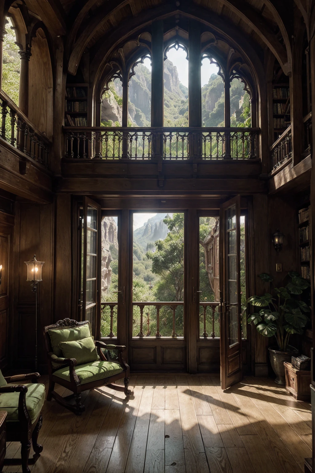 arafed view of a cozy library with a comfortable mossy green cushioned bench adorned with pillows, positioned directly below an intricately arched window that offers a breathtaking view of a tall mountainous and forest landscape. The window is divided into multiple sections by ornate and detailed gothic-style wooden frames. There is an open book perched on the cozy bench. The room is filled with lots of warm natural light and ivy-like green plants that highlight the lush greenery outside and add life to the scene. There is a lamp, books and lit candles scattered around, the ambience is serene and inviting, fantasy matte painting,cute, matte painting in fantasy style, elven palace of ghemathar, high quality matte painting, dreamy matte painting, 3d rendered matte painting, highly detailed matte painting, majestic matte painting, photorealistic matte painting, illustration matte painting, exquisite matte painting, fantasy matte painting