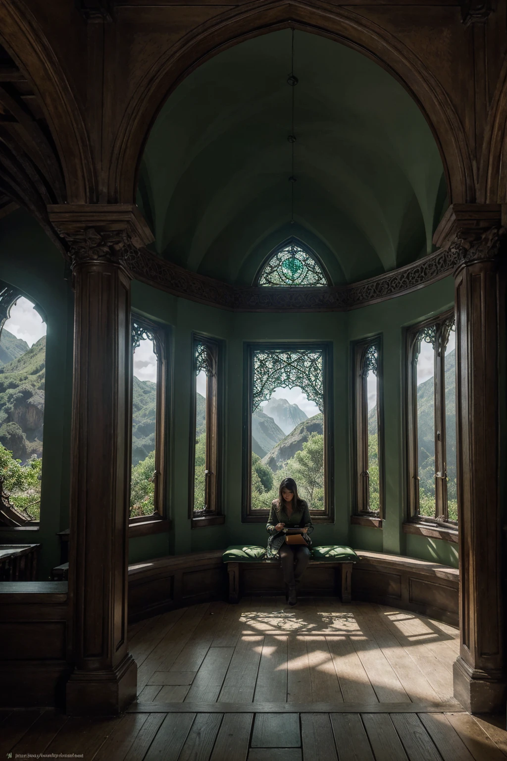 arafed view of a cozy library with a comfortable mossy green cushioned bench adorned with pillows, positioned directly below an intricately arched window that offers a breathtaking view of a tall mountainous and forest landscape. The window is divided into multiple sections by ornate and detailed gothic-style wooden frames. There is an open book perched on the cozy bench. The room is filled with lots of warm natural light and ivy-like green plants that highlight the lush greenery outside and add life to the scene. There is a lamp, books and lit candles scattered around, the ambience is serene and inviting, fantasy matte painting,cute, matte painting in fantasy style, elven palace of ghemathar, high quality matte painting, dreamy matte painting, 3d rendered matte painting, highly detailed matte painting, majestic matte painting, photorealistic matte painting, illustration matte painting, exquisite matte painting, fantasy matte painting