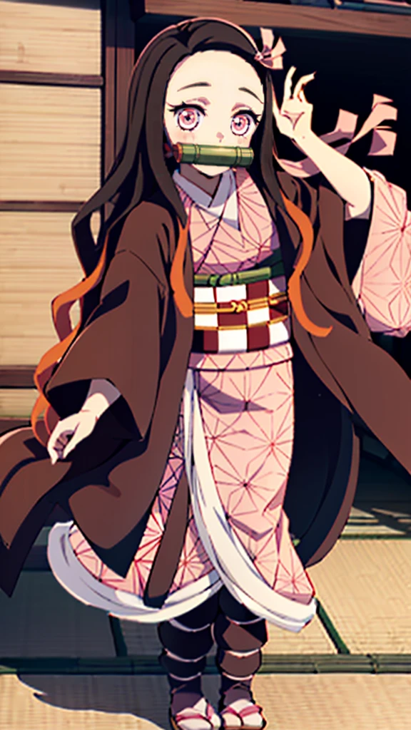 Masterpiece, best quality, high resolution, venus1, 1girl, solo, kamato nezuko, bamboo, brown hair, (((pink ribbon)) checkered belt, gag, gag, gradient hair, haori, japanese clothes, kimono, long hair, looking at the audience, pink eyes, pink kimono, pink ribbon, solo, full body
