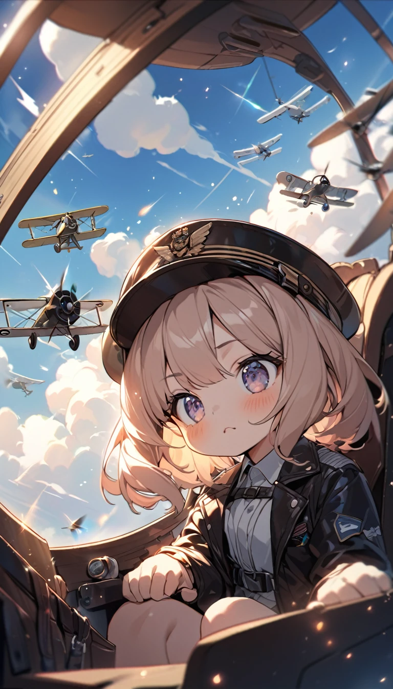 Alafed pilot in the cockpit of an airplane wearing a helmet and goggles, Fighter pilot in the cockpit, In the cockpit of a fighter, Helmet View, Visor wearer's Perspective, Nose under visor, Jet fighter pilots of the 70s, in cockpit, Military Pilot Uniform, Advanced Technology Flight Suit、Angel approaching from behind right、Angel outside the window