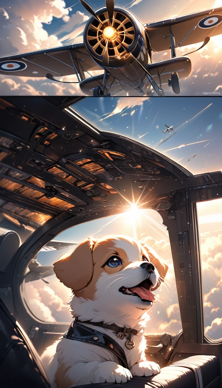 Highest quality, Highest quality, 16K, software, Unbelievably absurd, Very detailed, delicate and dynamic, Natural light, The particles reflect light beautifully, Diffuse reflection of light, Vortex of Light, Aerial, , cumulonimbus, , Create amazing image effects, Body close-up, , (Cute Puppy,,,Serious,, Biplane pilot, Leather jacket,, Sit in the cockpit, Puppy pilots biplane)