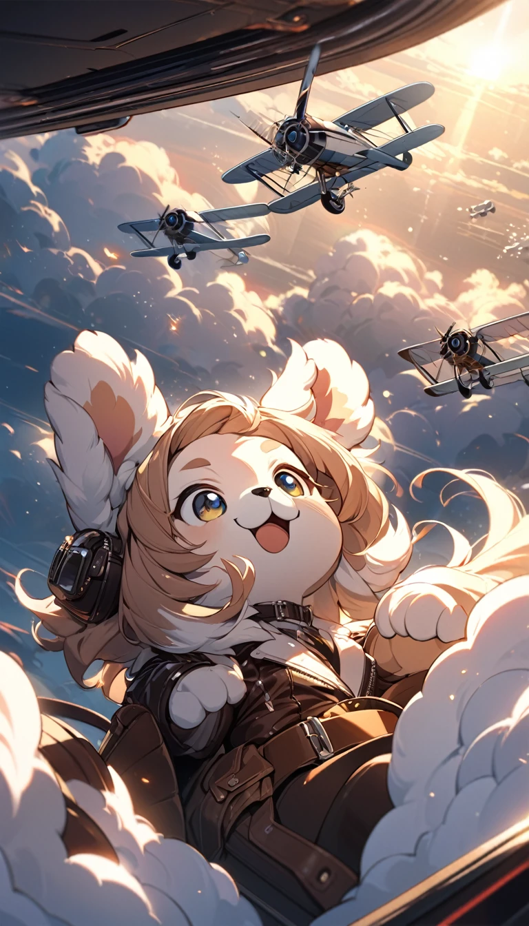 Highest quality, Highest quality, 16K, software, Unbelievably absurd, Very detailed, delicate and dynamic, Natural light, The particles reflect light beautifully, Diffuse reflection of light, Vortex of Light, Aerial, , cumulonimbus, , Create amazing image effects, Body close-up, , (Cute Puppy,,,Serious,, Biplane pilot, Leather jacket,, Sit in the cockpit, Puppy pilots biplane)