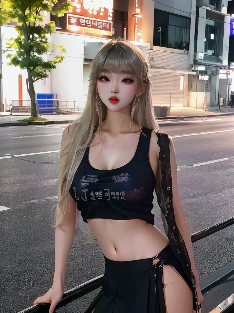 araffed woman in a black top and black skirt posing on a rail, korean girl, beautiful south korean woman, gorgeous young korean woman, misa amane *, she is wearing a black tank top, 2 4 year old female model, korean woman, misa amane, sakimichan hdri, sakimichan, tight black tanktop