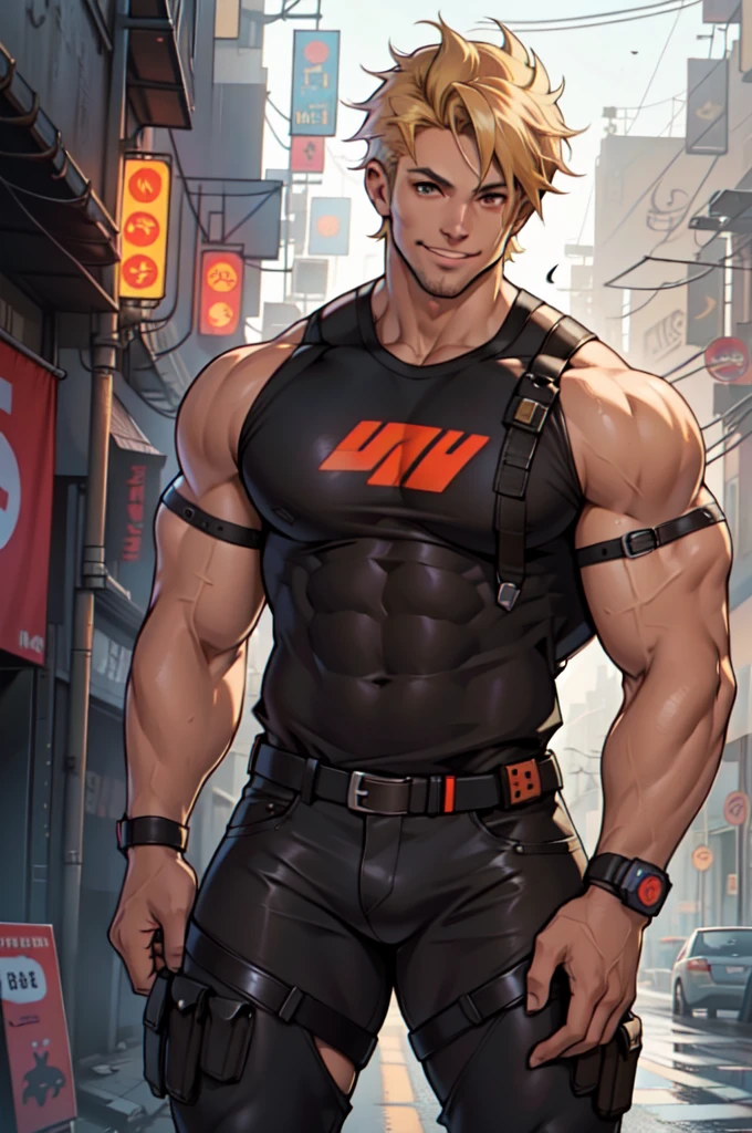 Male, ((((muscular)))) ((((thick thighs toned body)))) (caramel skin) blonde hair, beautiful brown eyes, short hair, short sleeve shirt, tight pants, cute smile,  friendly aura, cyberpunk setting, (very detailed, high resolution, hyper realistic)