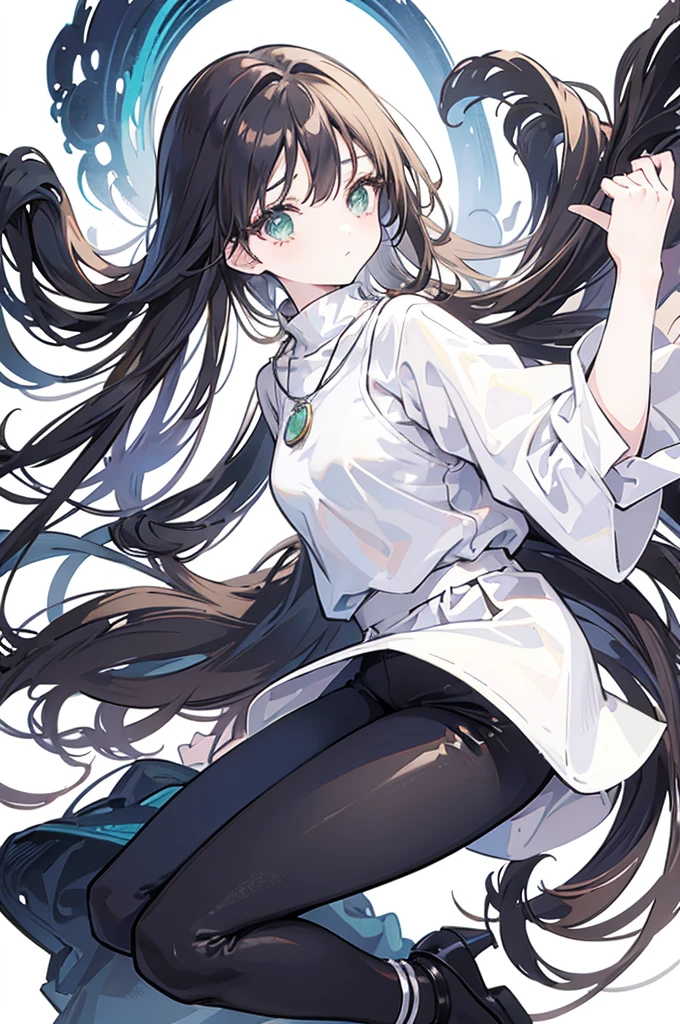 {{masterpiece}}, The best quality of life, 、Dark brown long hair down to the waist、Anime Girls with brown long hair and white blouse and black pants, Cute girl anime visuals,(White blouse with flared sleeves、Black high waist skinny pants,Black pumps), Anime full body illustration, Anime Moe Art Style, Anime characters, (Anime Girls)、(Green Eyes）、Expressionless woman、Small Necklace、((White background))