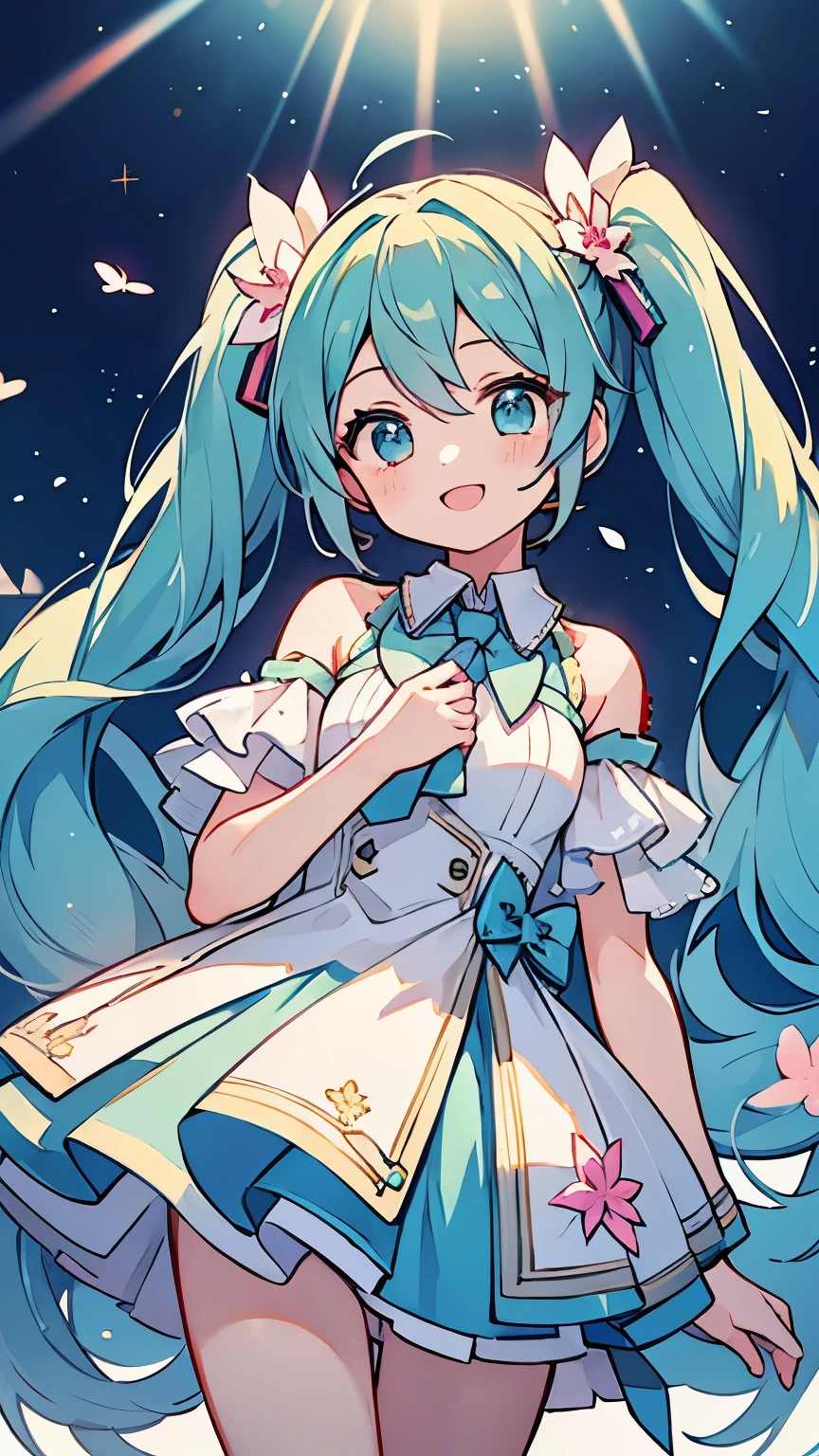 One Girl、hatsune miku、Twin tails、smile、colorful、Lovely、Aster piece illuminated by spotlight、Highest quality、Perfect Face