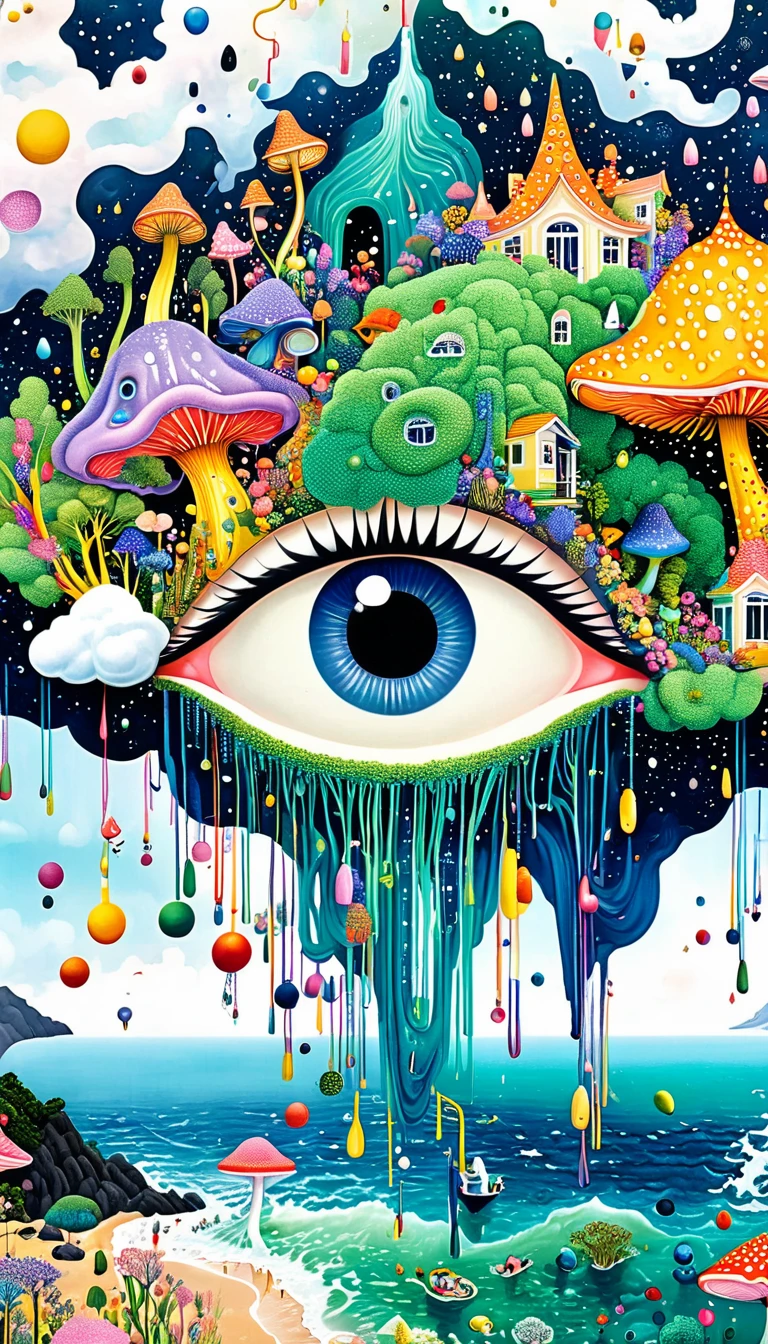 Strong visual fusion of multiple elements，broto，来自star的艺术家，Dopamine color scheme，house、Eye、pearl bead curtain、pearl、star、cloud、fish、Spore powder、Ocean、rain、Tentacles，Describing the inner world of autistic people，Intensive Pointillism method。Smooth lines。interesting，Strange illustration。Pointillism method。Strong contrast。Award-winning works。