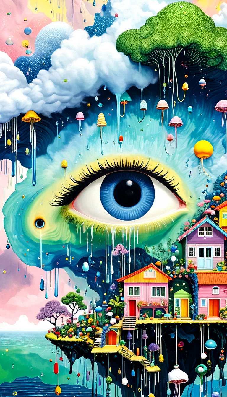Strong visual fusion of multiple elements，broto，来自star的艺术家，Dopamine color scheme，house、Eye、pearl bead curtain、pearl、star、cloud、fish、Spore powder、Ocean、rain、Tentacles，Describing the inner world of autistic people，Intensive Pointillism method。Smooth lines。interesting，Strange illustration。Pointillism method。Strong contrast。Award-winning works。
