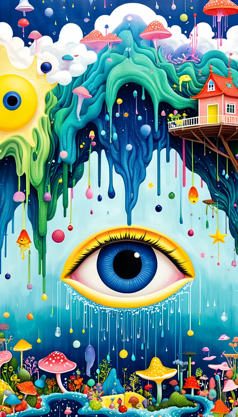 Strong visual fusion of multiple elements，broto，来自star的艺术家，Dopamine color scheme，house、Eye、pearl bead curtain、pearl、star、cloud、fish、Spore powder、Ocean、rain、Tentacles，Describing the inner world of autistic people，Intensive Pointillism method。Smooth lines。interesting，Strange illustration。Pointillism method。Strong contrast。Award-winning works。