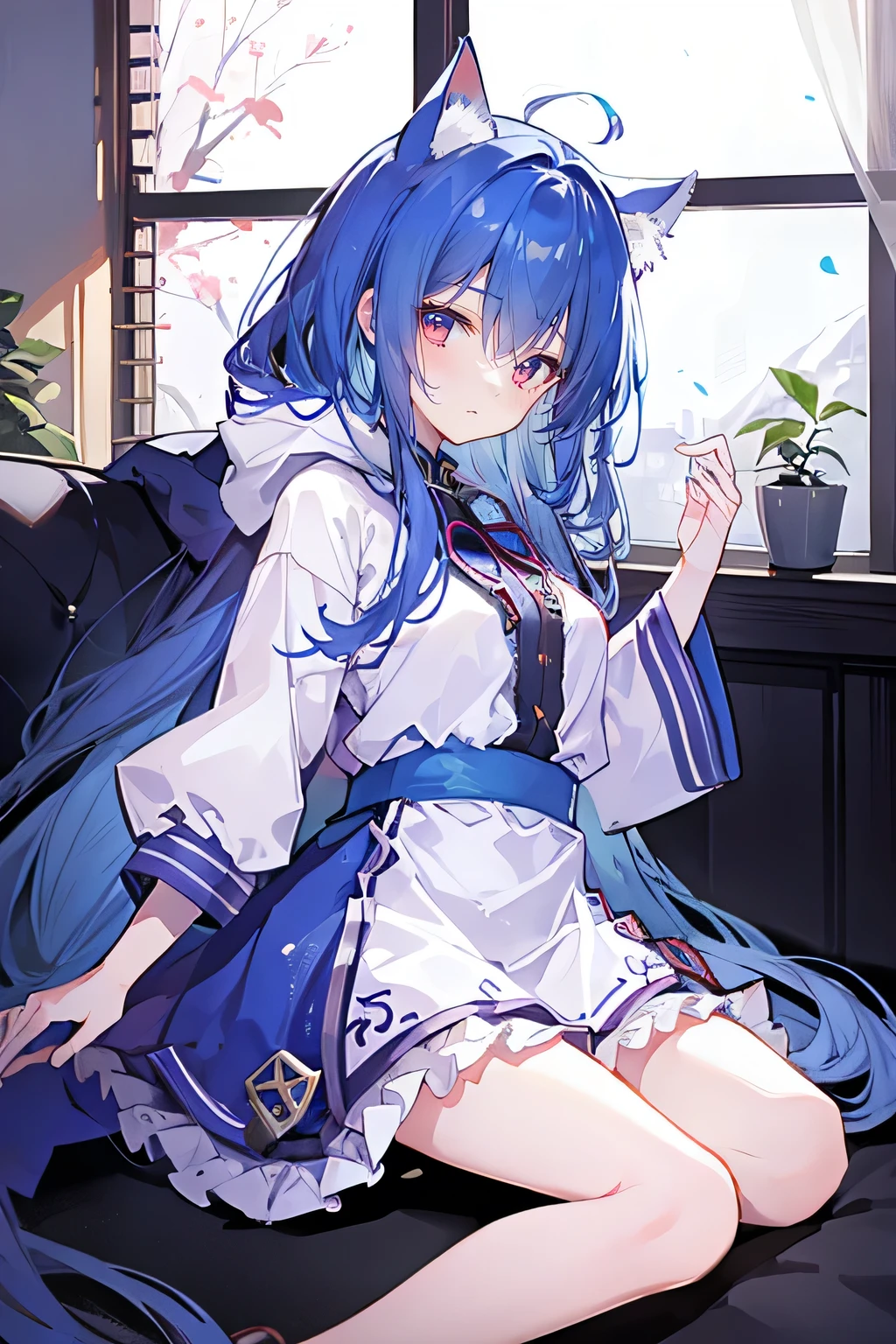 （masterpiece：1.2），Super detailed，lifelike，Expressive eyes，fair skin，perfect face shape，1 girl，
Japanese comics,Gorgeous blue hair,flowing blue hair,flowing clothes,Cat ears,Petals fall,beautiful lola,Baby Angel,
Shaking head with one hand，Cross your legs，Gentle and peaceful background，The pavilion is cool and comfortable,smile, wearing hoodie, In front of the window,snowing，Clear sky，Witch costume，Sitting sideways，Look from the bottom up。
