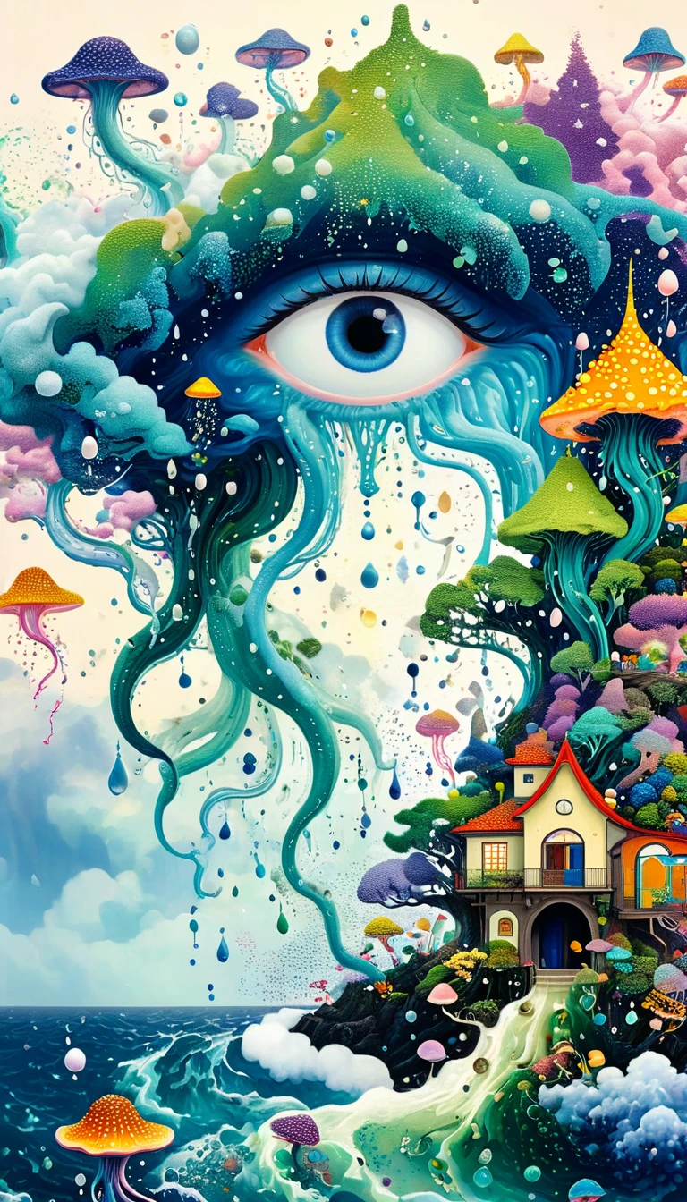 Strong visual fusion of multiple elements,Broto,来自Star的艺术家,Dopamine color scheme,house、Eye、pearl珠帘、pearl、Star、cloud、Spore powder、Ocean、rain、Tentacles,Describing the inner world of autistic people,密集Pointillism method。Smooth lines。interesting,Strange illustration。Pointillism method。Strong contrast。Award-winning works。