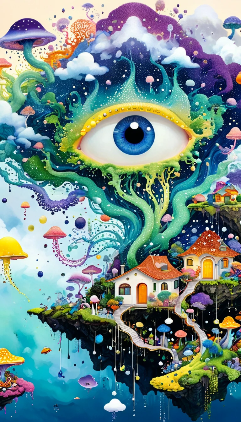 Strong visual fusion of multiple elements,Broto,来自Star的艺术家,Dopamine color scheme,house、Eye、pearl珠帘、pearl、Star、cloud、Spore powder、Ocean、rain、Tentacles,Describing the inner world of autistic people,密集Pointillism method。Smooth lines。interesting,Strange illustration。Pointillism method。Strong contrast。Award-winning works。