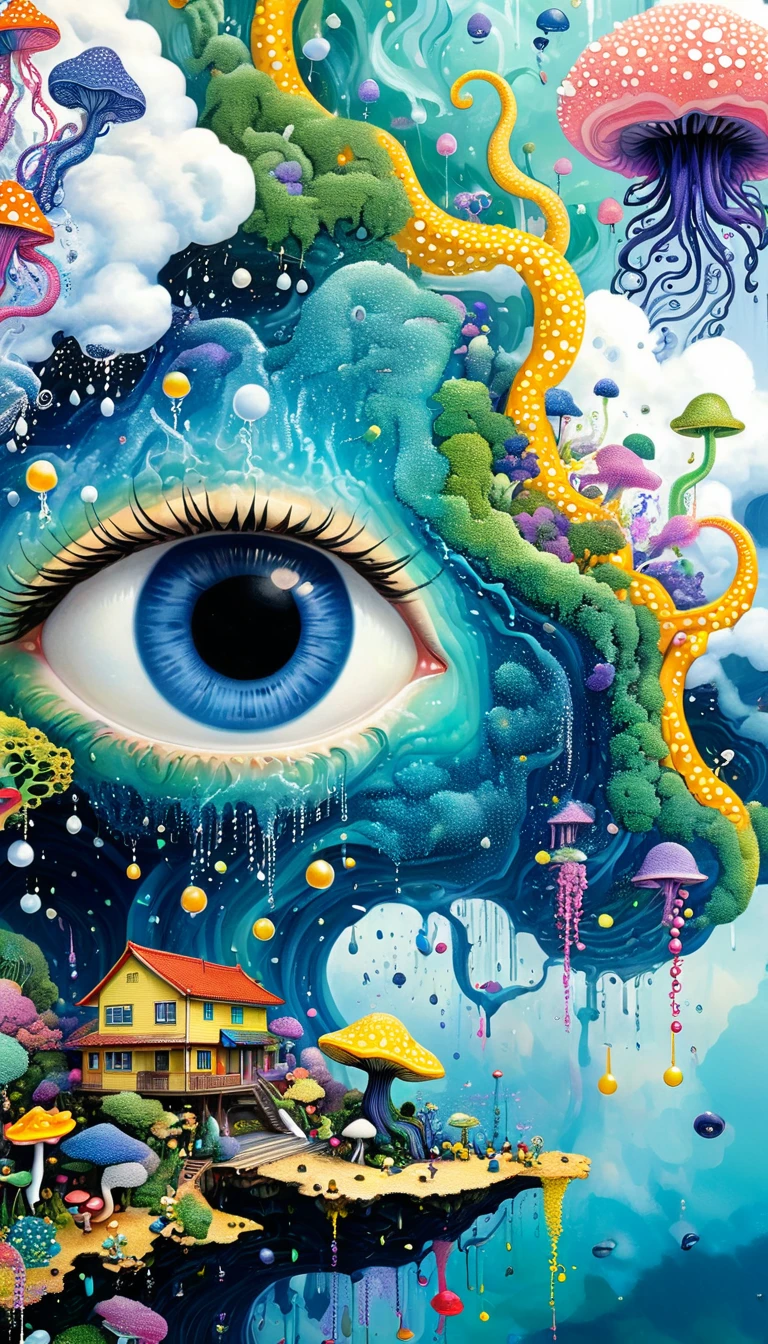 Strong visual fusion of multiple elements，broto，来自star的艺术家，Dopamine color scheme，house、Eye、pearl bead curtain、pearl、star、cloud、fish、Spore powder、Ocean、rain、Tentacles，Describing the inner world of autistic people，Intensive Pointillism method。Smooth lines。interesting，Strange illustration。Pointillism method。Strong contrast。Award-winning works。