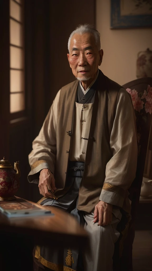 Alafid (Arafed) An Asian man sitting at a table,Teapot in hand, Inspired by Li Shixing, Portrait of an old man, He was about 80 years old, Inspired by Huang Binhong, Inspired by Zhang Shengwen, 60mm portrait, 70mm Portrait, inspired by Zhang Shunzi, Inspired by Hu Jieqing, 50mm portrait