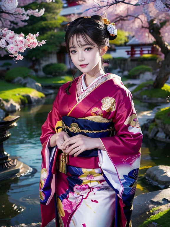 (Highest quality、 8k 、masterpiece、High resolution)、 Japanese painting、Vibrant colors、Detailed Description、A woman wearing a kimono、Dynamic painting technique,、Colorful peonies、Japanese garden、cherry blossoms、Digital Art、Detailed CG、
