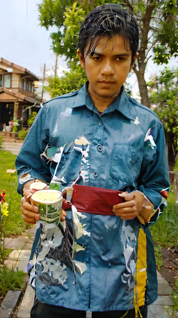 handsome man, sitting ON A STOCK IN A RICE HOT, HOLDING A CUP OF COFFEE WHILE SMOKING, A VIEW OF GREEN FIELDS AND PICE, IT WAS RAINING.