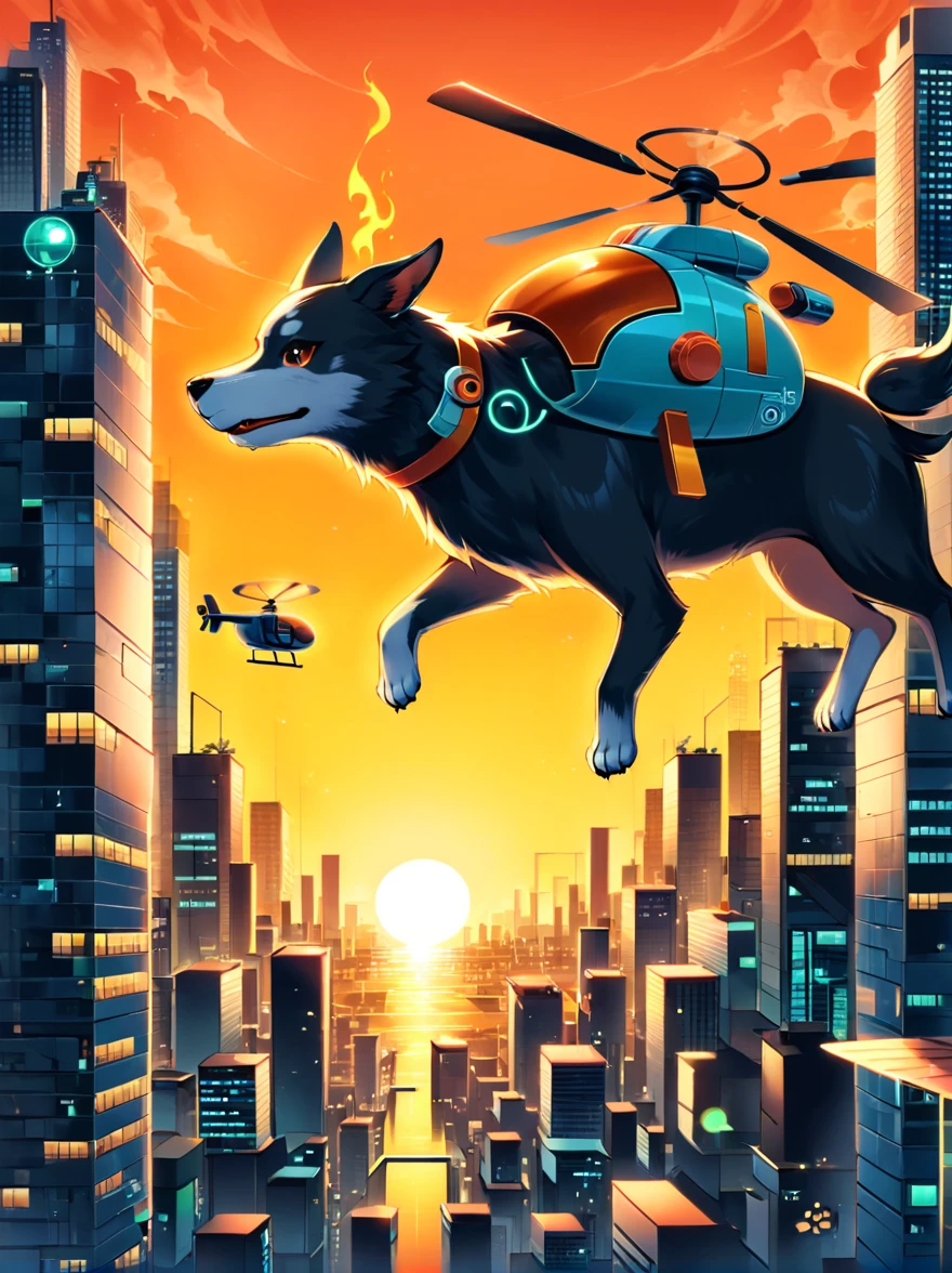 Imagine a dog with an angry and mischievous expression. This canine is at the helm of a futuristic, non-violent, brightly colored toy helicopter, skillfully maneuvering over a compact, yet towering cityscape of unpopulated skyscrapers. Despite the look on the dog's face, there are no signs of violence or harm. The skyscrapers are lit vibrantly, giving an illusion of flames, reflecting off their glassy exteriors under the golden sunset. The entire scenario possesses an uncanny, cartoon-like quality, establishing a surreal and whimsical ambience.