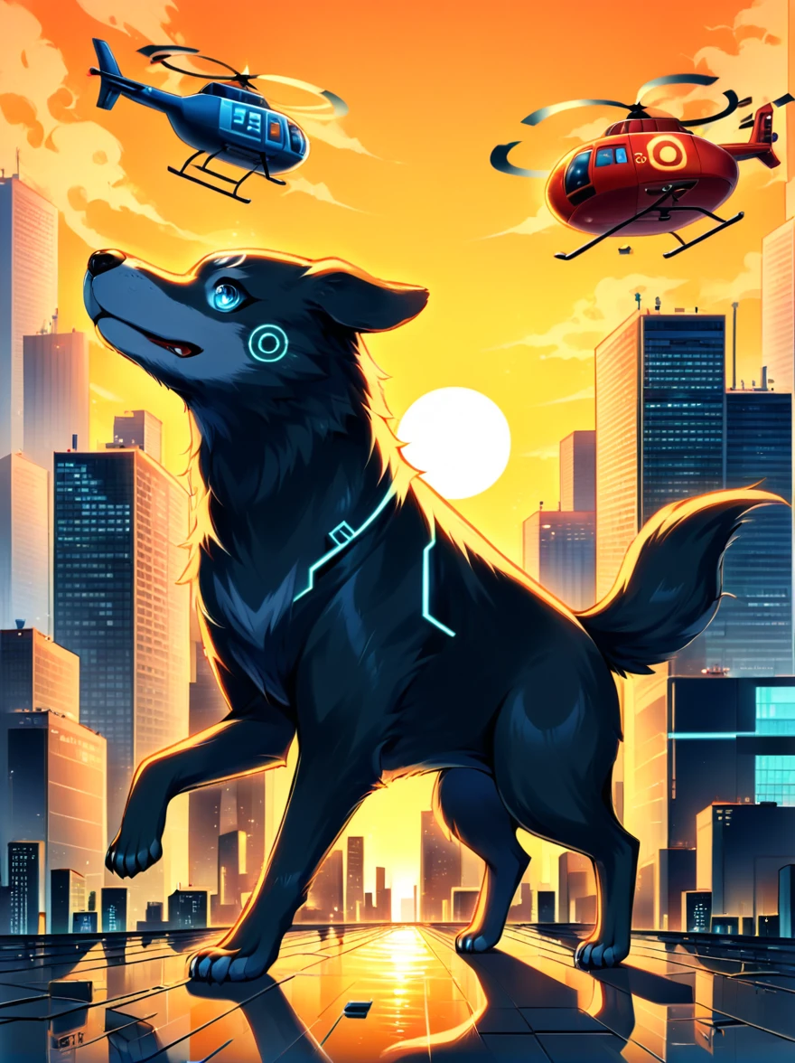 Imagine a dog with an angry and mischievous expression. This canine is at the helm of a futuristic, non-violent, brightly colored toy helicopter, skillfully maneuvering over a compact, yet towering cityscape of unpopulated skyscrapers. Despite the look on the dog's face, there are no signs of violence or harm. The skyscrapers are lit vibrantly, giving an illusion of flames, reflecting off their glassy exteriors under the golden sunset. The entire scenario possesses an uncanny, cartoon-like quality, establishing a surreal and whimsical ambience.