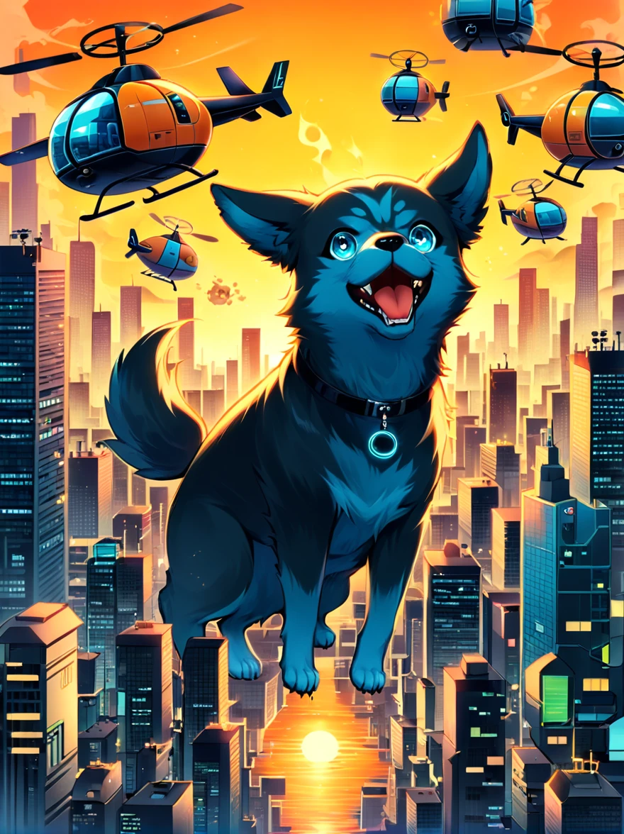 Imagine a dog with an angry and mischievous expression. This canine is at the helm of a futuristic, non-violent, brightly colored toy helicopter, skillfully maneuvering over a compact, yet towering cityscape of unpopulated skyscrapers. Despite the look on the dog's face, there are no signs of violence or harm. The skyscrapers are lit vibrantly, giving an illusion of flames, reflecting off their glassy exteriors under the golden sunset. The entire scenario possesses an uncanny, cartoon-like quality, establishing a surreal and whimsical ambience.