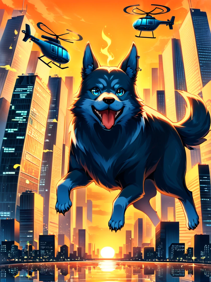 Imagine a dog with an angry and mischievous expression. This canine is at the helm of a futuristic, non-violent, brightly colored toy helicopter, skillfully maneuvering over a compact, yet towering cityscape of unpopulated skyscrapers. Despite the look on the dog's face, there are no signs of violence or harm. The skyscrapers are lit vibrantly, giving an illusion of flames, reflecting off their glassy exteriors under the golden sunset. The entire scenario possesses an uncanny, cartoon-like quality, establishing a surreal and whimsical ambience.