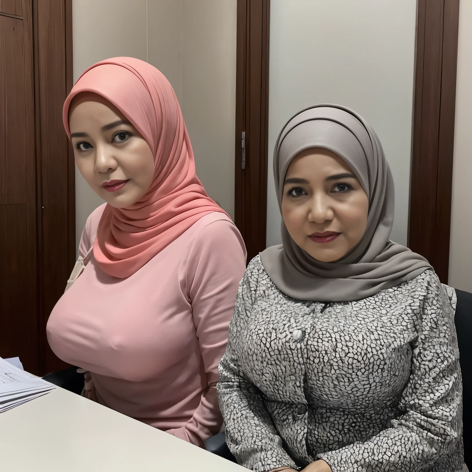(HIJAB), 56 years Old, Indonesian mature woman, ((President Director, Beauty Lewd Sugar Granny)), Big : 43.9, Gamis, ((breast about To burst out from her clothes)), ((at President Director office)), Dark light, at Nighttime.