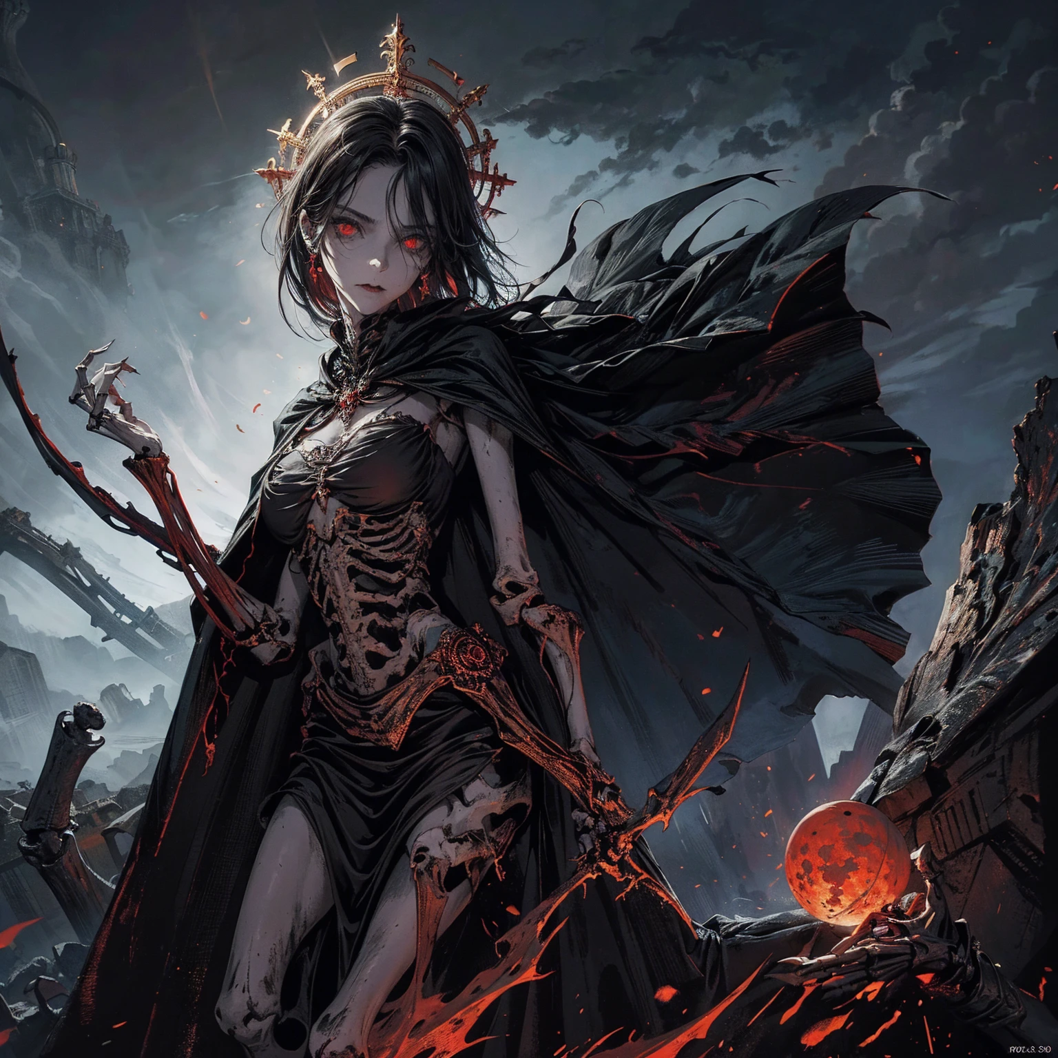 best quality, 4K, high resolution, masterpiece:1.2, Very detailed, actual:1.37, Mood lighting, An undead girl in a long cape, Torso and limb is skeleton bone but head is still beautiful human face, Wearing a ragged gothic skirt, Aloofness emotion, Dangerous sneer, Black Hair, Standing, Facing the camera, Crucified, Pitch black sky, Blood-red moon, strange atmosphere, Gothic style, Unforgettable beauty, Dramatic shadows, Ethereal Light, Mysterious atmosphere.