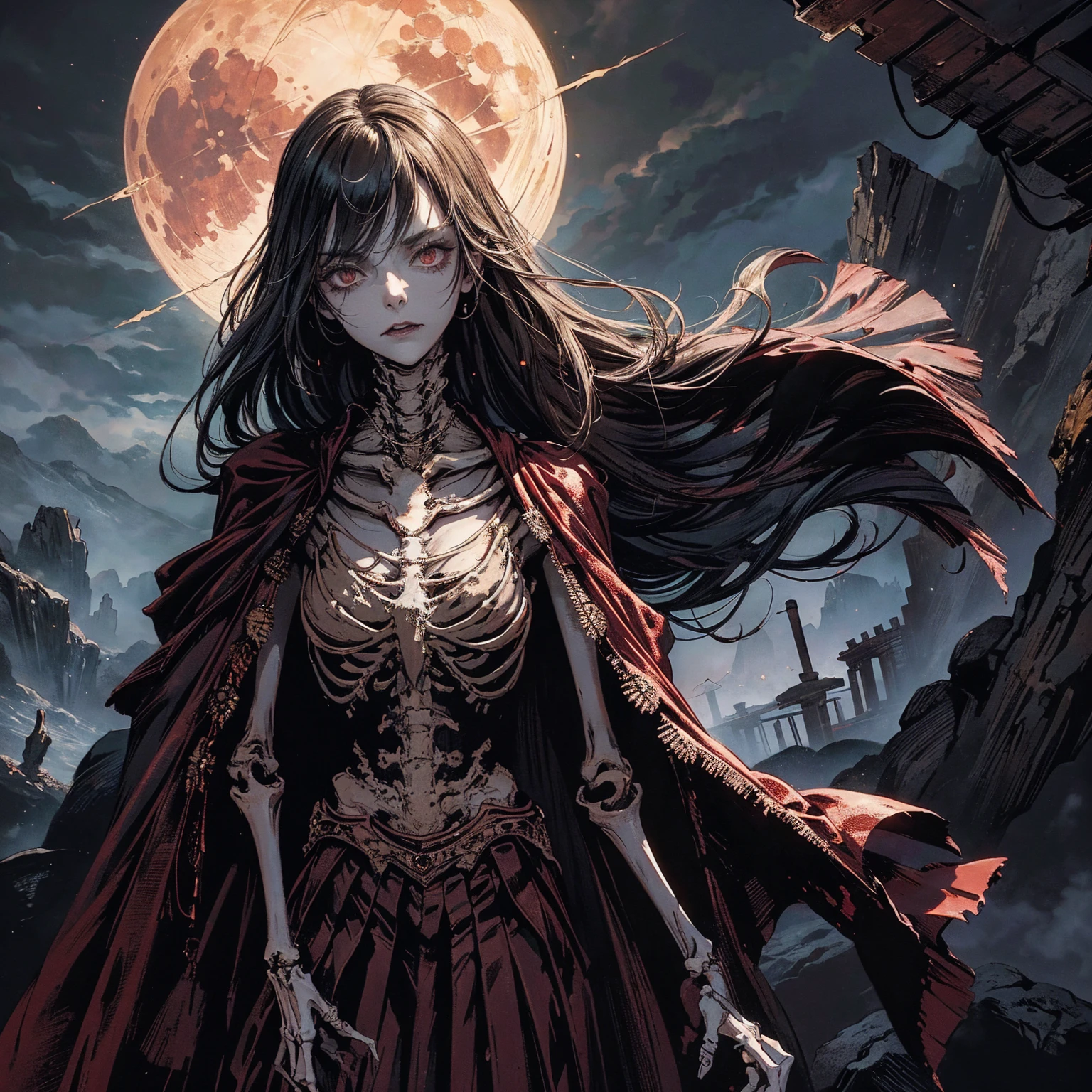 best quality, 4K, high resolution, masterpiece:1.2, Very detailed, actual:1.37, Mood lighting, An undead girl in a long cape, Torso and limb is skeleton bone but head is still beautiful human face, Wearing a ragged gothic skirt, Aloofness emotion, Dangerous sneer, Black Hair, Standing, Facing the camera, Crucified, Pitch black sky, Blood-red moon, strange atmosphere, Gothic style, Unforgettable beauty, Dramatic shadows, Ethereal Light, Mysterious atmosphere.