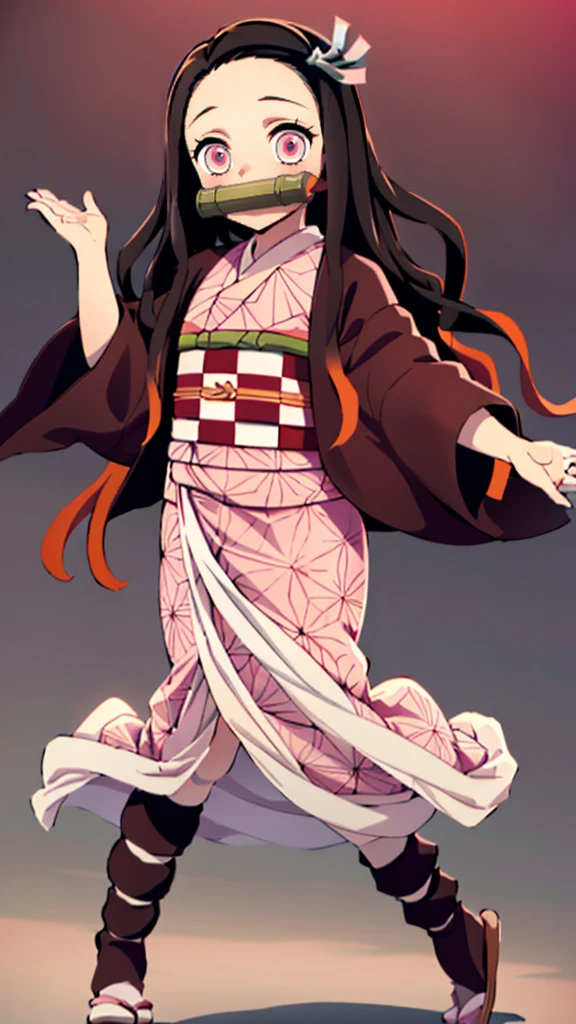 Masterpiece, best quality, high resolution, venus1, 1girl, solo, kamato nezuko, bamboo, brown hair, (((pink ribbon)) checkered belt, gag, gag, gradient hair, haori, japanese clothes, kimono, long hair, looking at the audience, pink eyes, pink kimono, pink ribbon, solo, full body, for mobile wallpaper