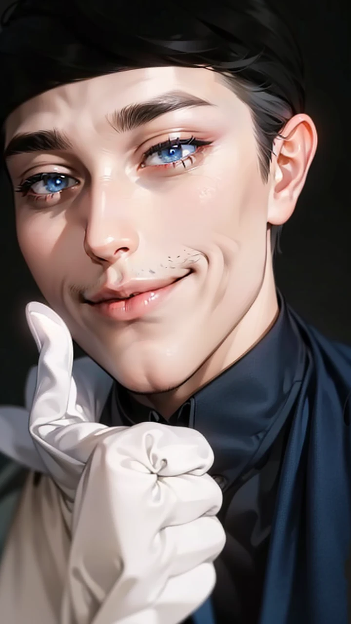 masterpiece, best quality, realistic, 1man, mature male, quiet and charming young man, 41 year old, serious look, closed mouth, portrait, extremely detailed face, cold smile, ((dark grey blue eyes)), ((short-right-swept dark white hair)), [thick eyebrows], ((suit)), handsome, full body, western, Jewish, light brown skin,