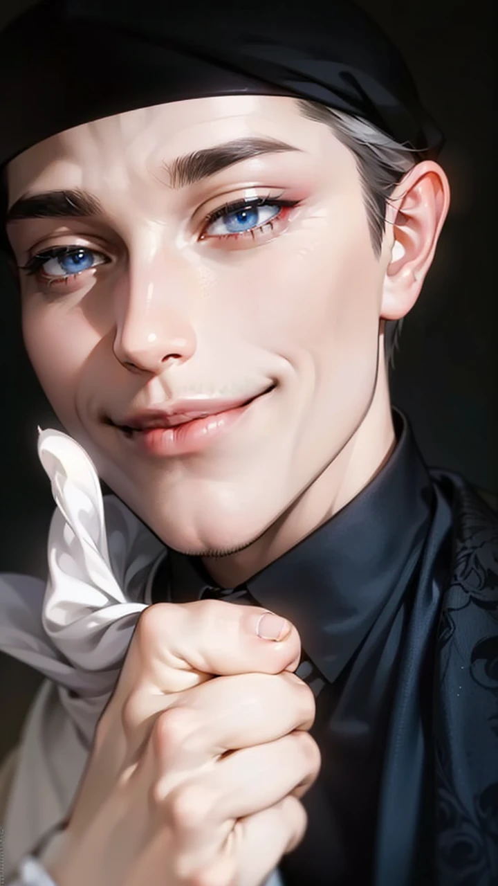 masterpiece, best quality, realistic, 1man, mature male, quiet and charming young man, 41 year old, serious look, closed mouth, portrait, extremely detailed face, cold smile, ((dark grey blue eyes)), ((short-right-swept dark white hair)), [thick eyebrows], ((suit)), handsome, full body, western, Jewish, light brown skin,