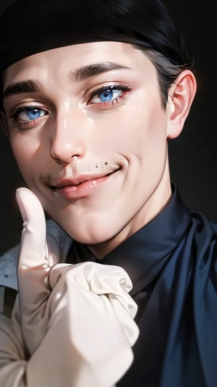 masterpiece, best quality, realistic, 1man, mature male, quiet and charming young man, 41 year old, serious look, closed mouth, portrait, extremely detailed face, cold smile, ((dark grey blue eyes)), ((short-right-swept dark white hair)), [thick eyebrows], ((suit)), handsome, full body, western, Jewish, light brown skin,