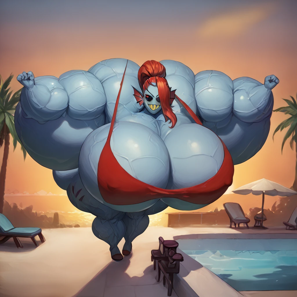 score_9, score_8_up, score_7_up, score_6_up, score_5_up, score_4_up, source_anime, 1girl, undyne \(undertale\), smiling, looking at viewer, portrait, red Bikini, outdoor, standing, swimsuit, outdoor cafe, detailed background, clothed,blimpbreast_implant, on front, photorealistic, arched back, by taranima, heavy hyper overfilled breast_implant, huge keep_inflating_Extrem_like a blimp hyper butt, hyper breast, hyper hips hyper pump up Massive muscles bursting with muscles inflating, heavy muscles extremely swollen muscular_body which are getting bigger and bigger