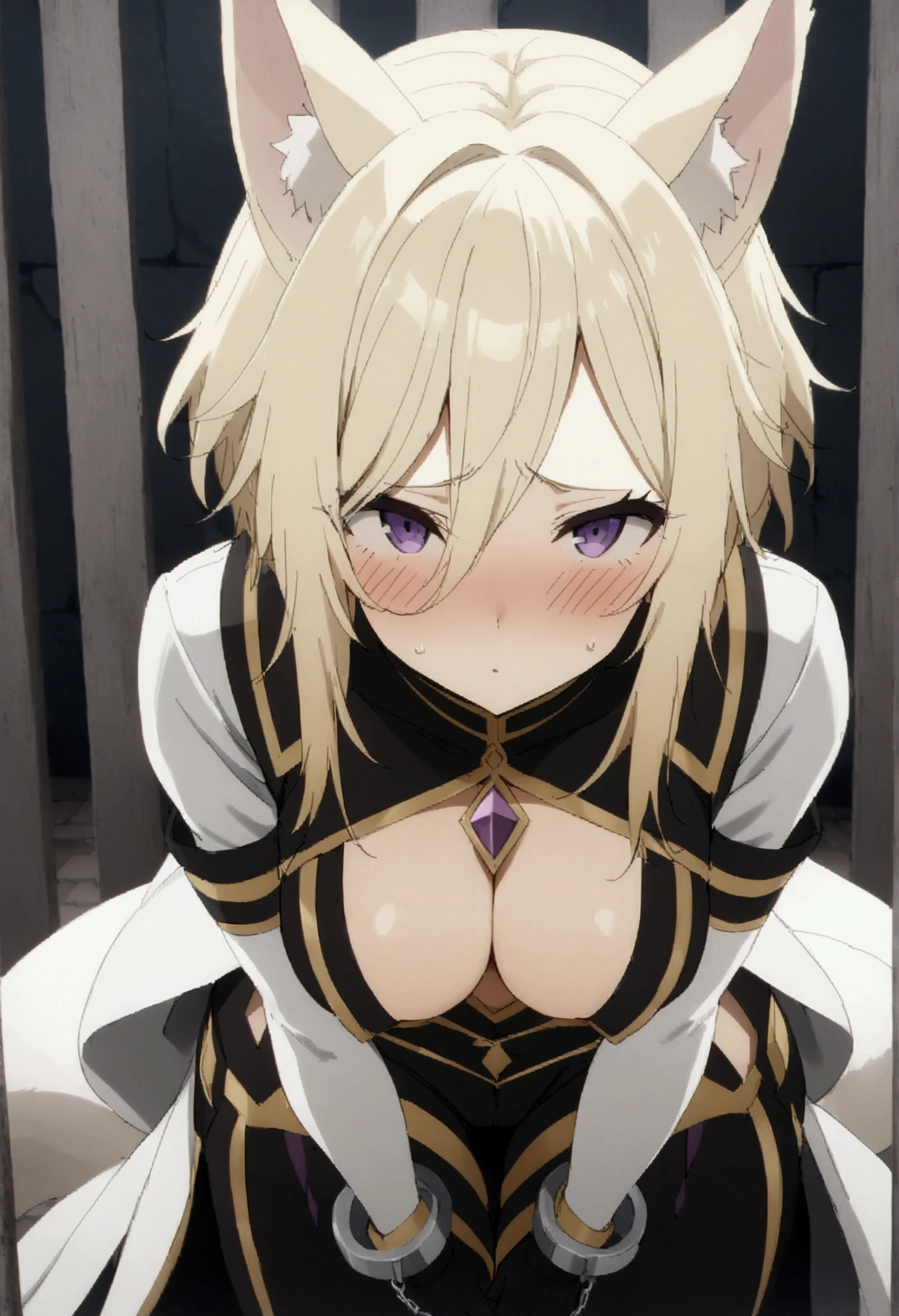 NSFW,masterpiece,Highest quality,High resolution,Very detailed,Zeta\(I want to be a secret power！\),Zeta,Animal ears、Purple Eyes、Blonde,short hair,gloves、Cleavage、tail、黒いgloves、Clothing cutouts、Cleavageの切り抜き,Handcuffed,A regretful face,blush,prison,Jail