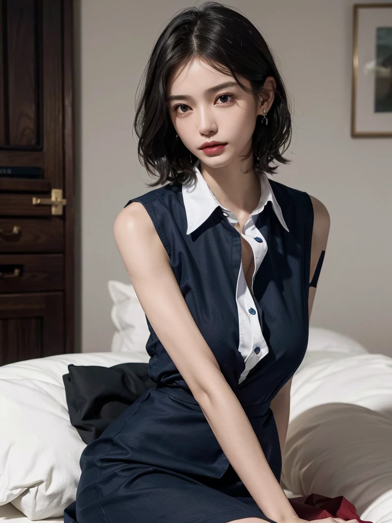 absurdres, RAW photo, extremely delicate and beautiful, masterpiece, Best Quality, ultra high resolution, 32k, hyperrealistic, ultra-detailed, perfect anatomy, perfect figure, super Detailed skin, Very detailed CG 8k wallpaper, in her 30s, very Slim body, narrow waist, very small head, very small face, delicate facial features, tearful mole, earring, thin legs, (very huge round breasts:1.2), full body shot, 1 girls, short hair, (wavy hair:1.2), wet clothes, (collared Navy shirt dress:1.2), (sleeveless:1.1), White blonde hair,