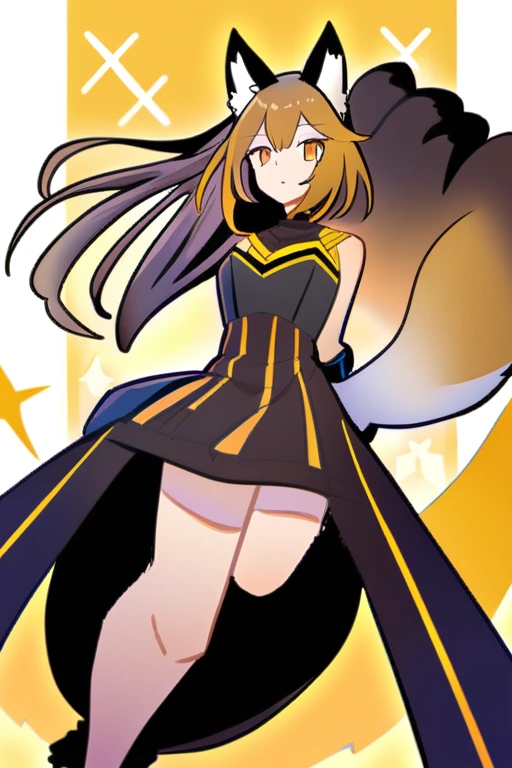 Fox girl ears and tail black costume, orange, blue and yellow Heroine style Full HD