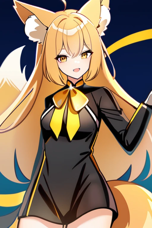 Fox girl ears and tail black costume, orange, blue and yellow Heroine style Full HD