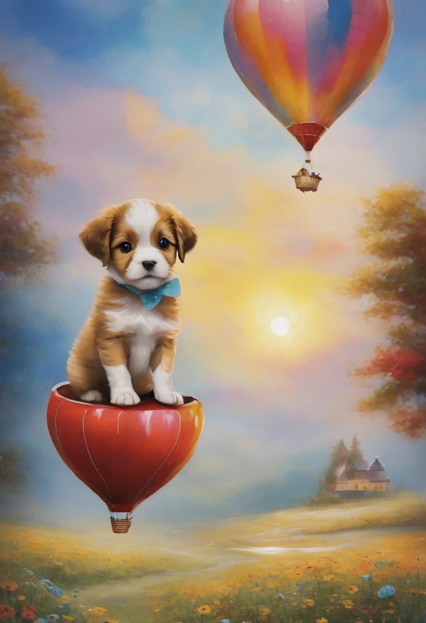 Puppy riding on a balloon