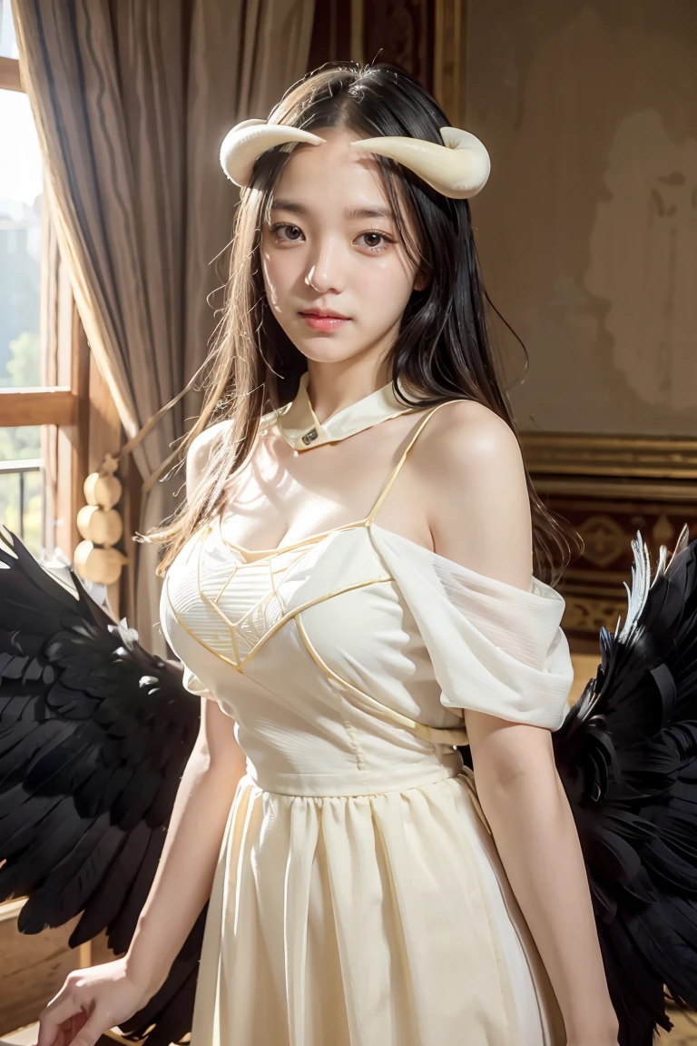 Masterpiece, Best quality, Ultra-detailed, illustration, epic lighting, Cinematic composition, isometry,(hexagons:1.2), 1girl, Horns, Solo, Yellow eyes, Black hair, Long hair, (Low wing:1.2), Large cleavage, Bare shoulders, hair between eye, Medium breasts, (White dress:1.1), Golden decoration, Detached collar, view the viewer, (view the viewer:1.1), parted lip, Blush, Black feathers fall, Arena, particle fx, (8K:1.1)