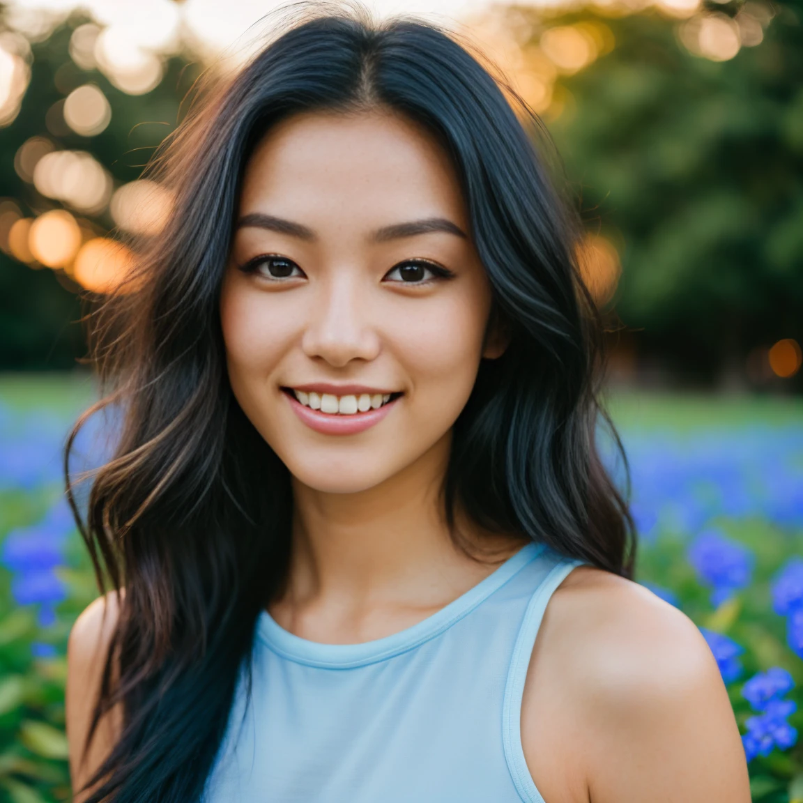 arafed woman with black hair standing in a field of blue flowers, flowing blackv hair, with black hair, photo of a beautiful woman, long flowing black hair, pink golden hour, curly black hair, beautiful young asian woman, beautiful asian woman, wild ginger hair, pink wispy hair, light pink hair, a young asian woman, an asian woman, infp young woman, (straight half of the torso: 1.4), Portrait photo of a 24-year-old french girl in RAW UHD format (brown-eyed woman), Details (textures! , Hair! , glistering, Color!! , imperfections: 1.1), highly detailed glossy eyes (looking at the camera), DSLR Lighting, SLR camera, Ultra-Quality, sharpness, Depth of field, Film grain (Downtown), Fujifilm XT3, Crystal clear, Frame Center, beatiful face, sharp-focus, , neon lighting, bokeh (lit), day time, (open sky), detailed skin pores, oilly skin, suntan, Complex eye details, (((legs))), ((blue shoes)), ((smiling)),, (((arms in her hair over her head))), posing like a cat